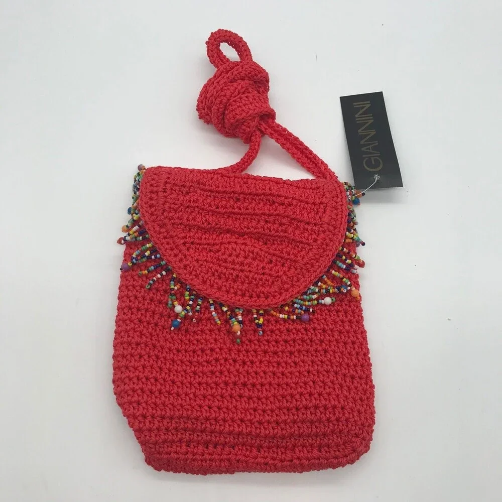 NEW Giannini Cross Body Bag Crocheted Red Boho Purse with Beads Snap Closure NWT